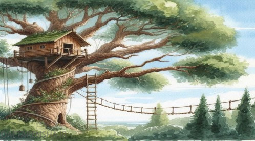 نقاشی خانه درختی ساده در جنگل
