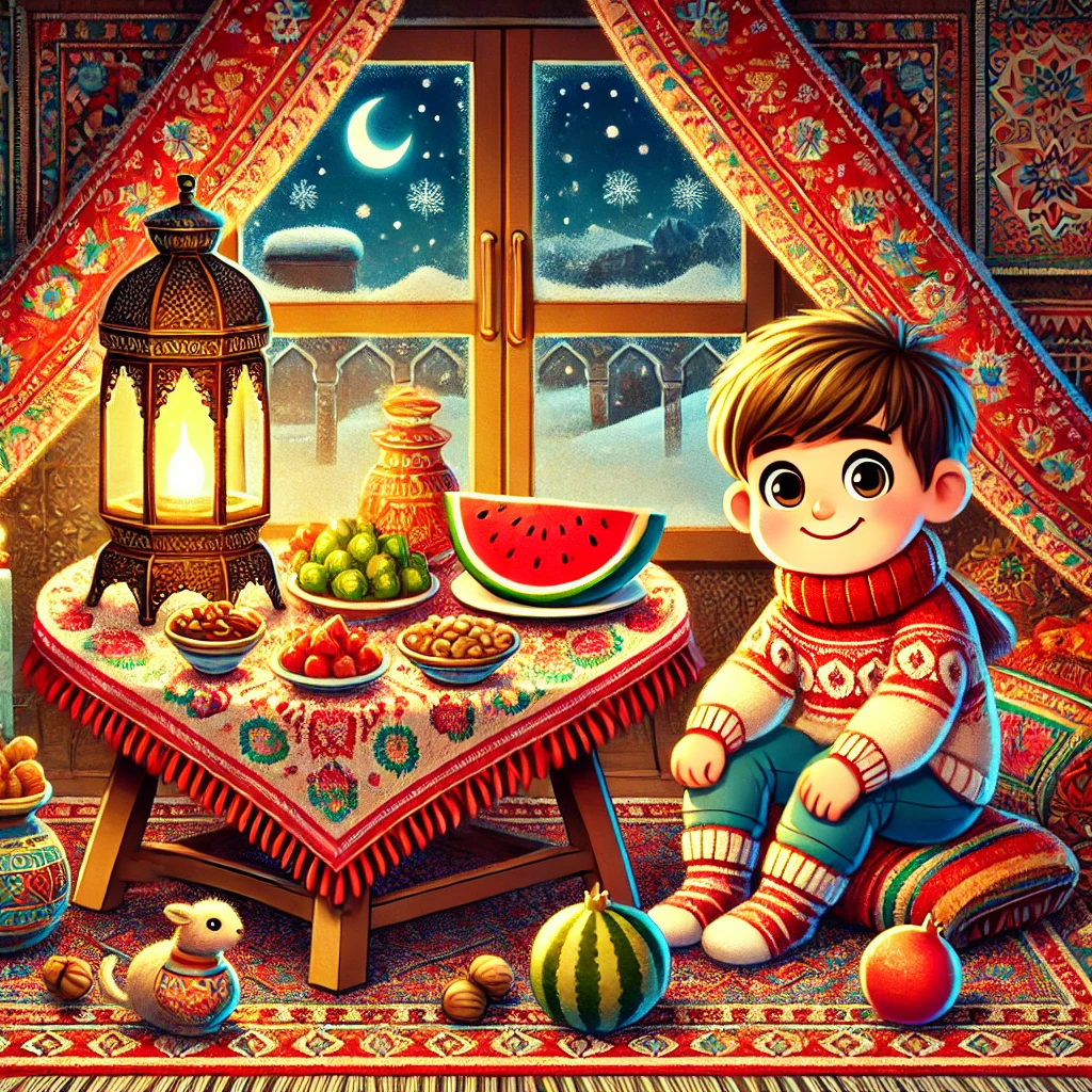 DALL·E 2024 12 10 08.24.04 A festive and colorful illustration of a boy enjoying Shab e Yalda (Yalda Night) in a traditional Persian setting. The boy is smiling and sitting next