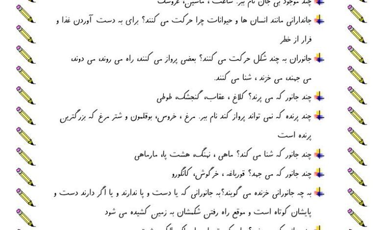 جواب سوالات فصل چهارم علوم اول ابتدایی (دنیای جانوران)