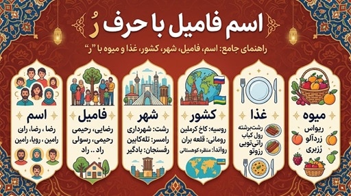 اسم فامیل با ر اسم، فامیل، شهر، کشور، غذا و میوه