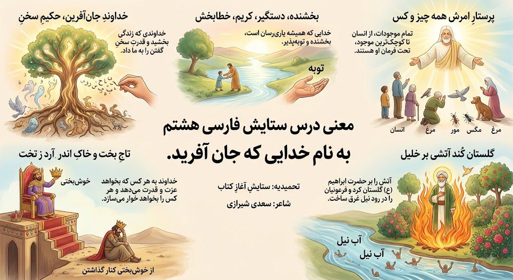 معنی درس ستایش فارسی هشتم؛ به نام خدایی که جان آفرید